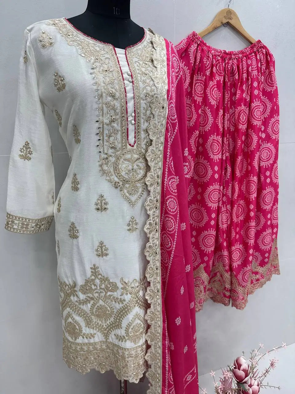 Designer Chinon Sharara Suit with Digital Print & Mirror Work