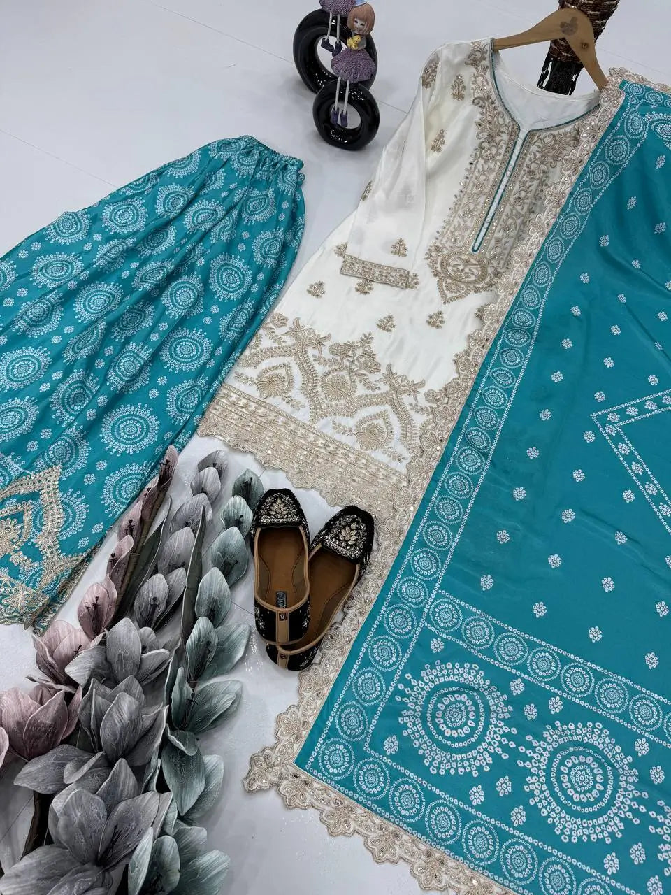 Designer Chinon Sharara Suit with Digital Print & Mirror Work