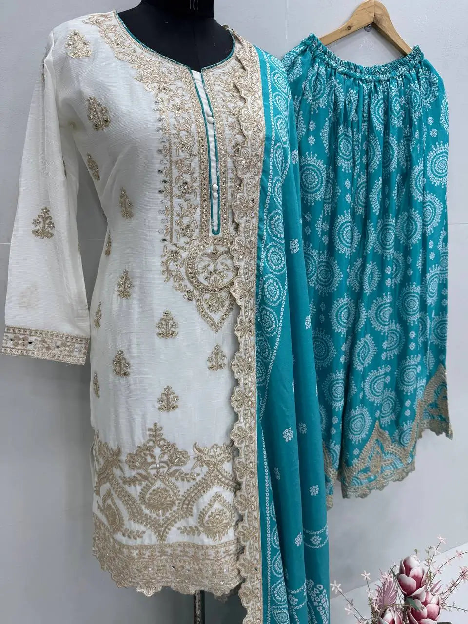 Designer Chinon Sharara Suit with Digital Print & Mirror Work