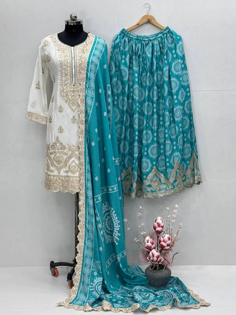 Designer Chinon Sharara Suit with Digital Print & Mirror Work