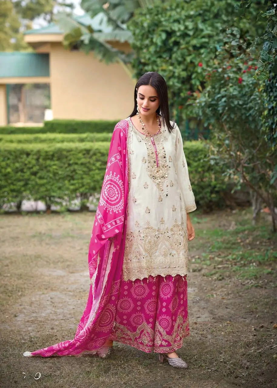 Designer Chinon Sharara Suit with Digital Print & Mirror Work