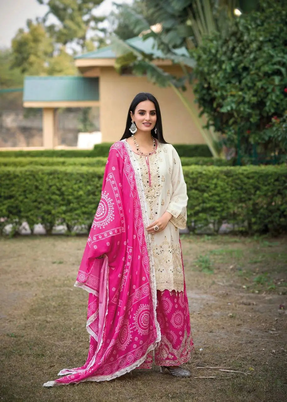 Designer Chinon Sharara Suit with Digital Print & Mirror Work