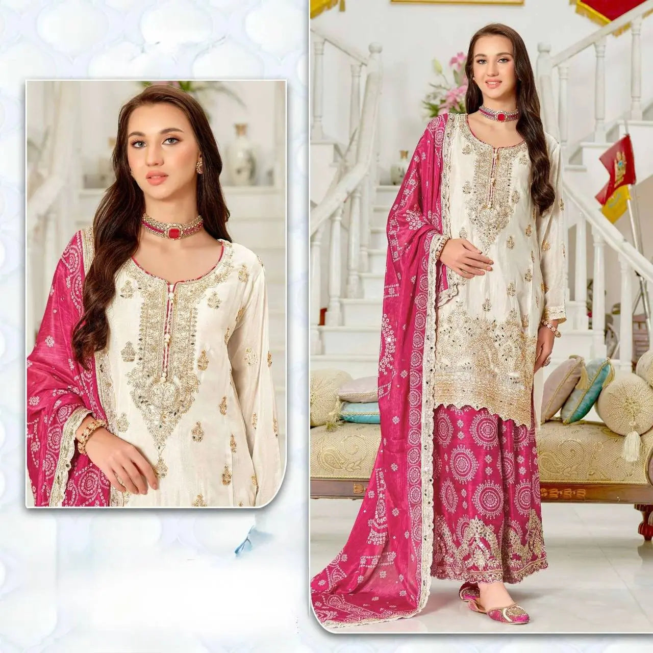 Designer Chinon Sharara Suit with Digital Print & Mirror Work