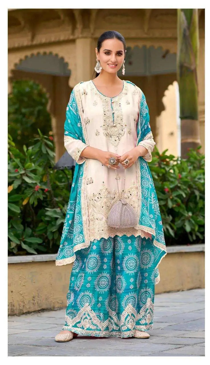 Designer Chinon Sharara Suit with Digital Print & Mirror Work