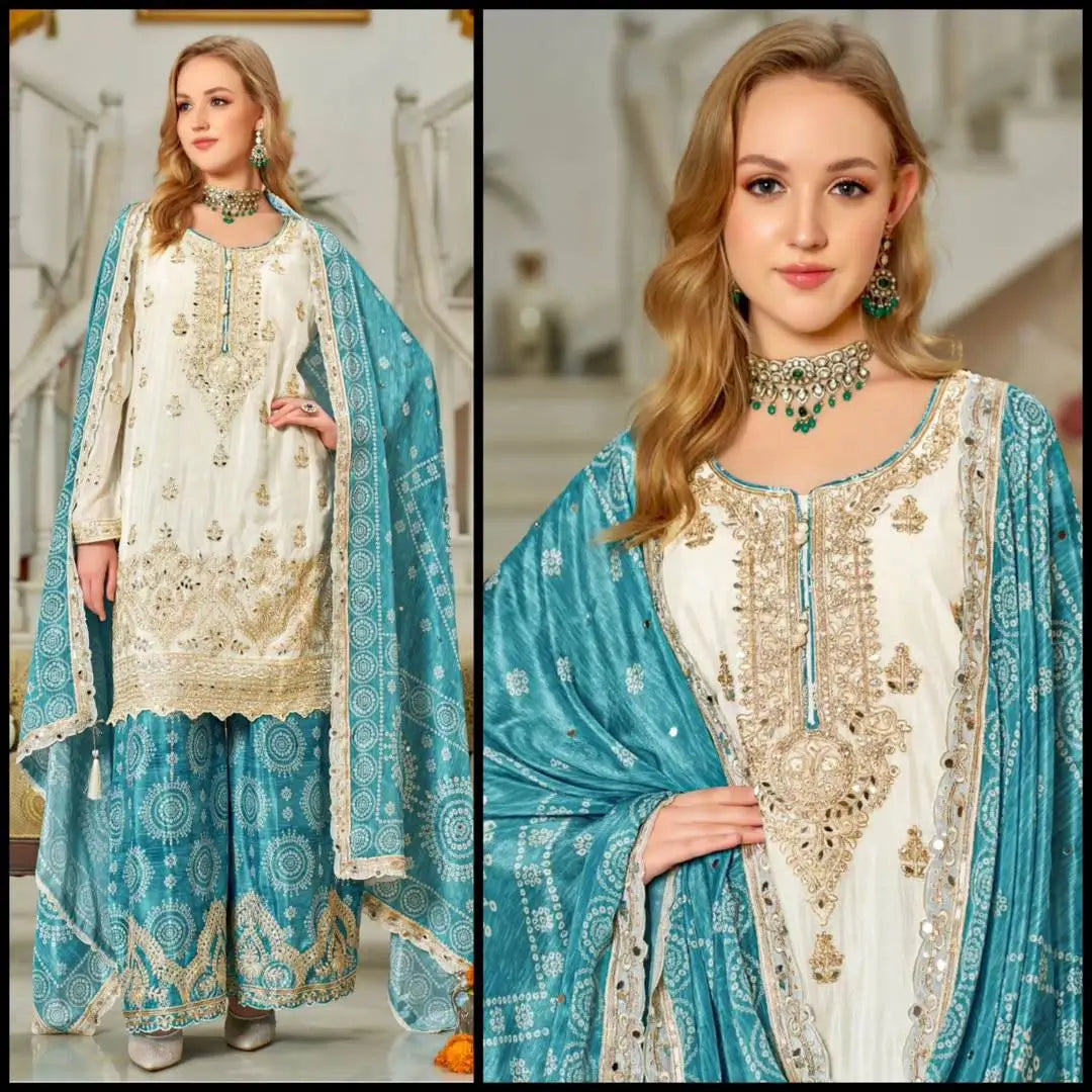 Designer Chinon Sharara Suit with Digital Print & Mirror Work