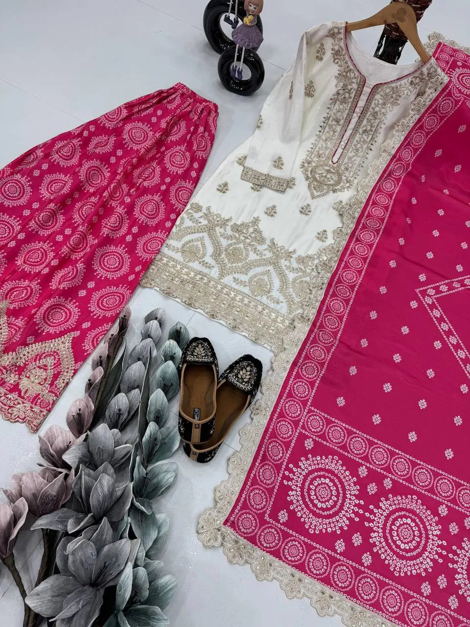 Designer Chinon Sharara Suit with Digital Print & Mirror Work