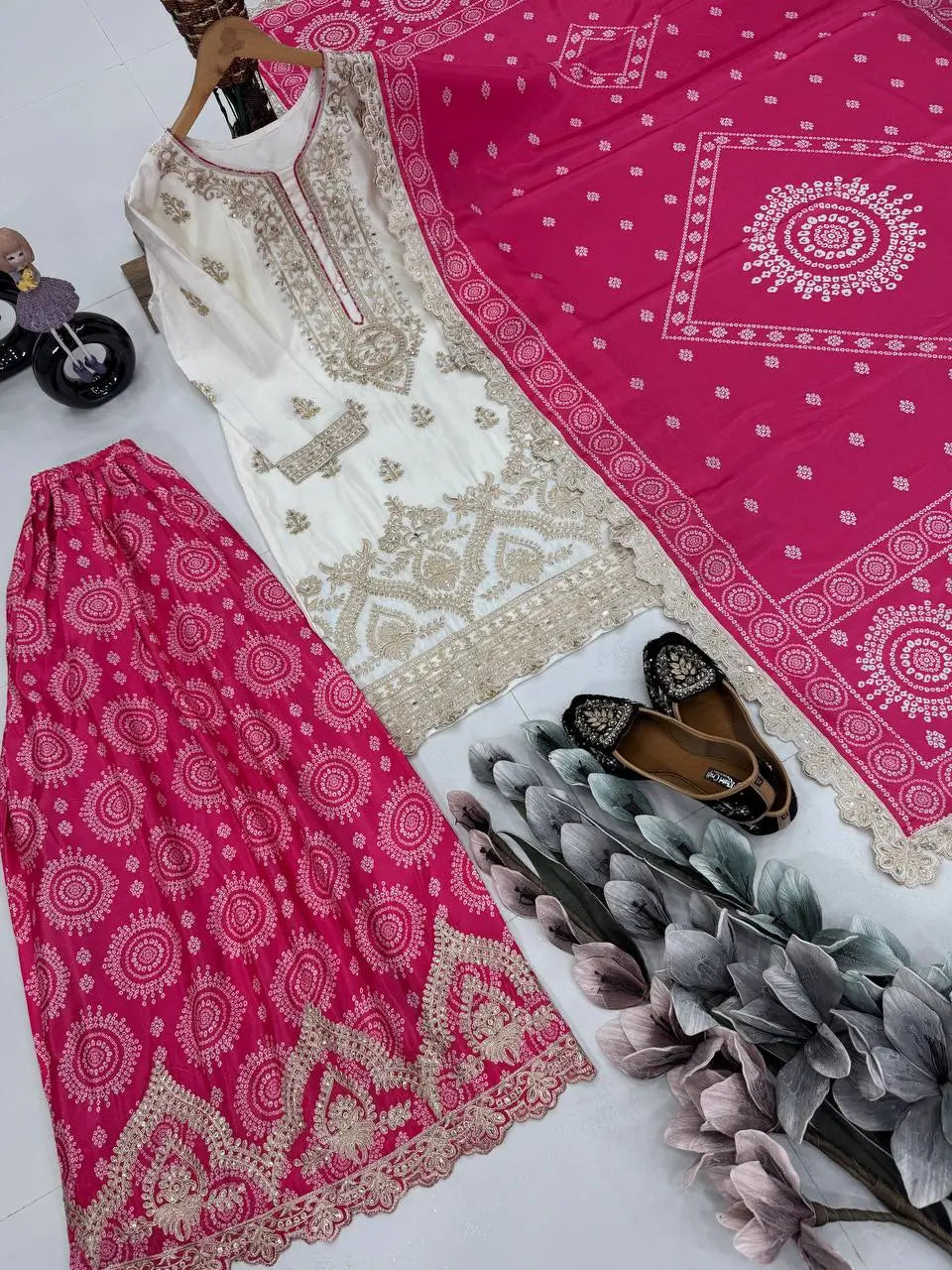 Designer Chinon Sharara Suit with Digital Print & Mirror Work