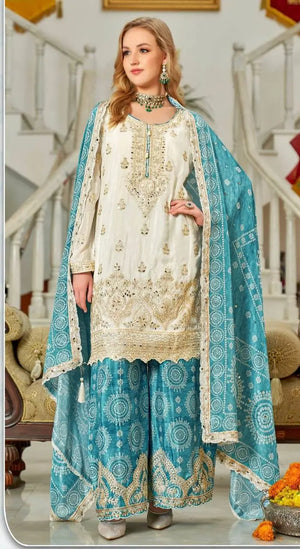 Designer Chinon Sharara Suit with Digital Print & Mirror Work