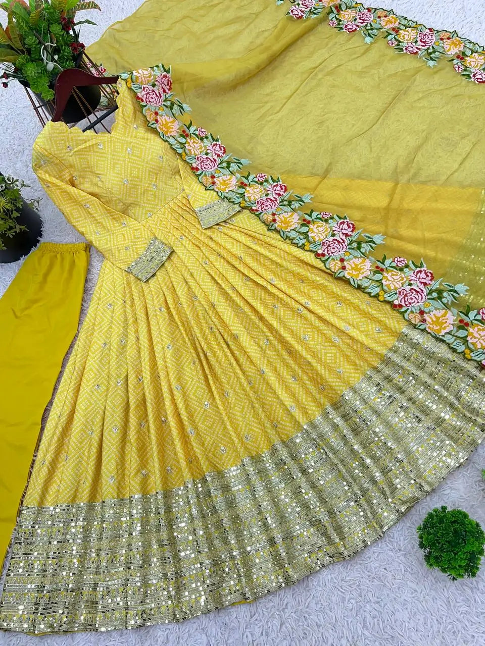 Designer Chinon Silk Embroidered Gown Set