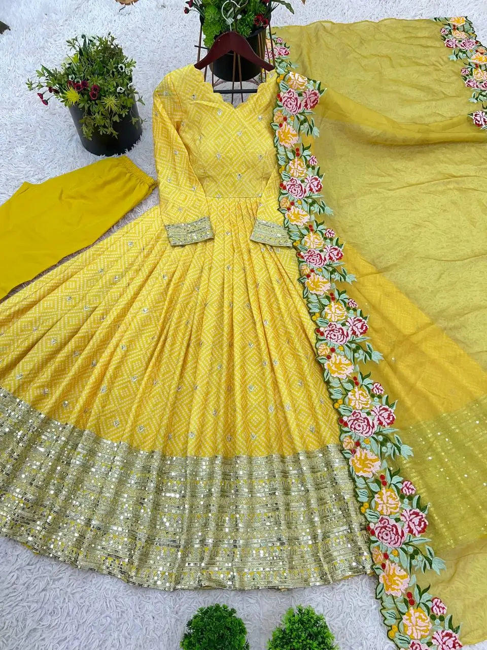 Designer Chinon Silk Embroidered Gown Set