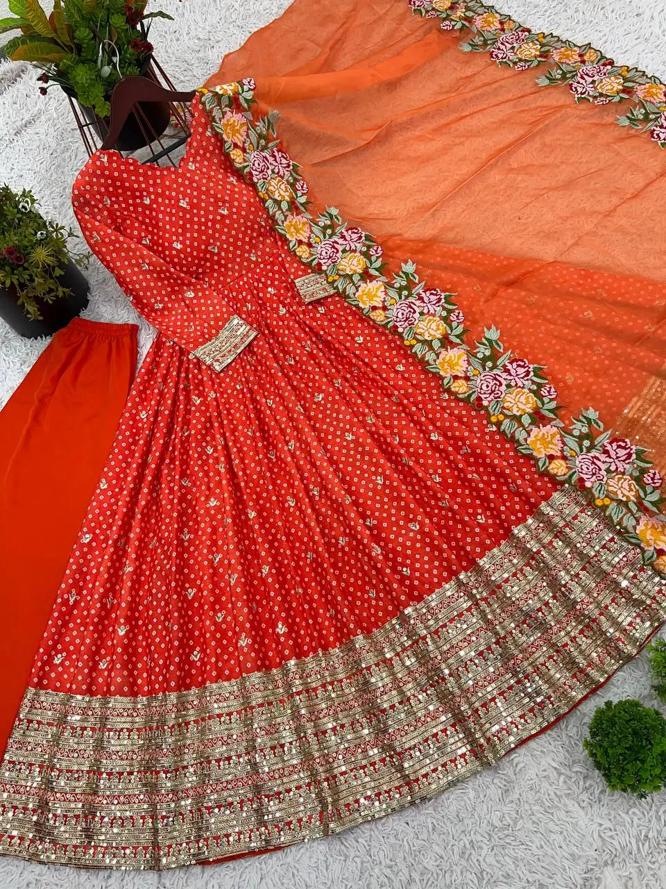 Designer Chinon Silk Embroidered Gown Set