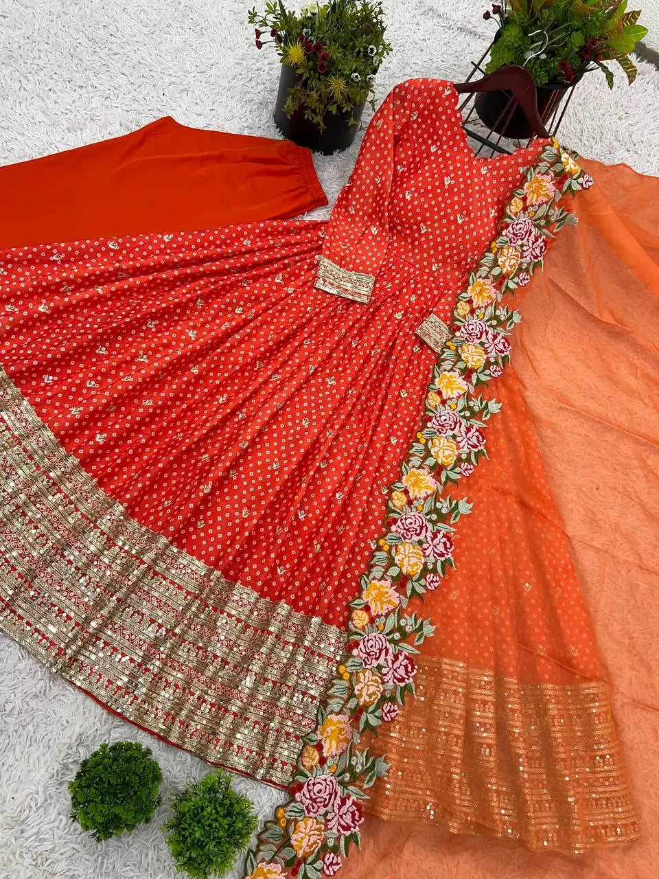 Designer Chinon Silk Embroidered Gown Set