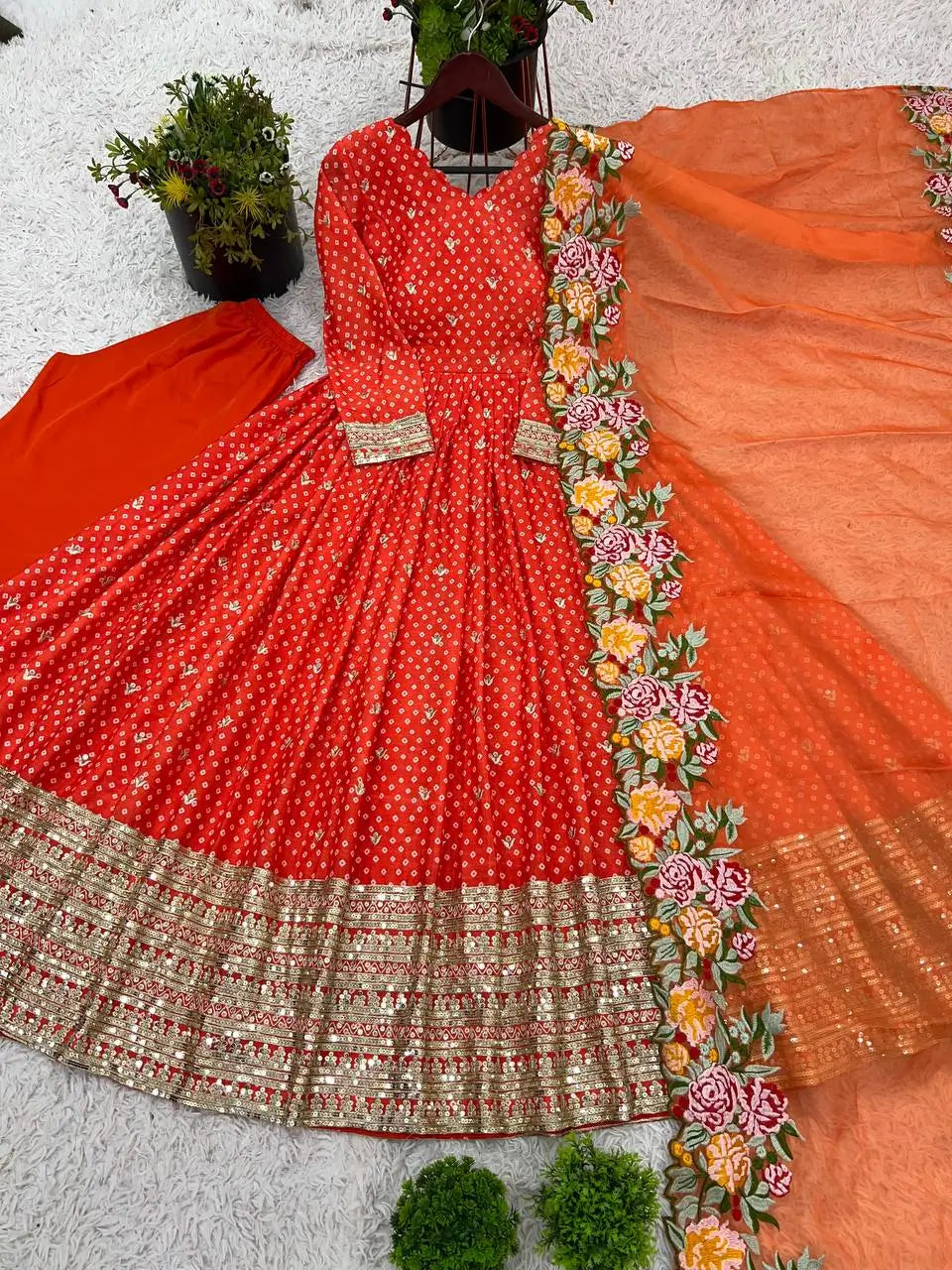 Designer Chinon Silk Embroidered Gown Set
