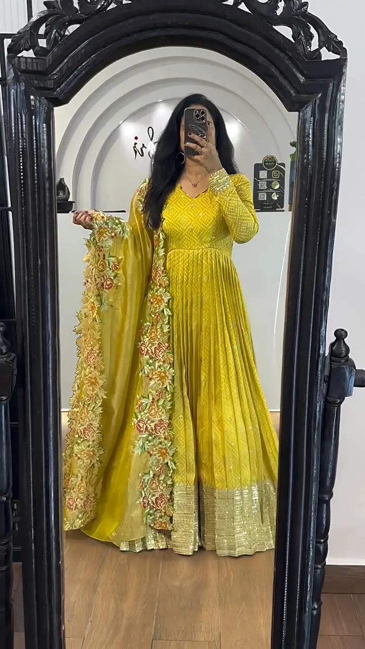 Designer Chinon Silk Embroidered Gown Set