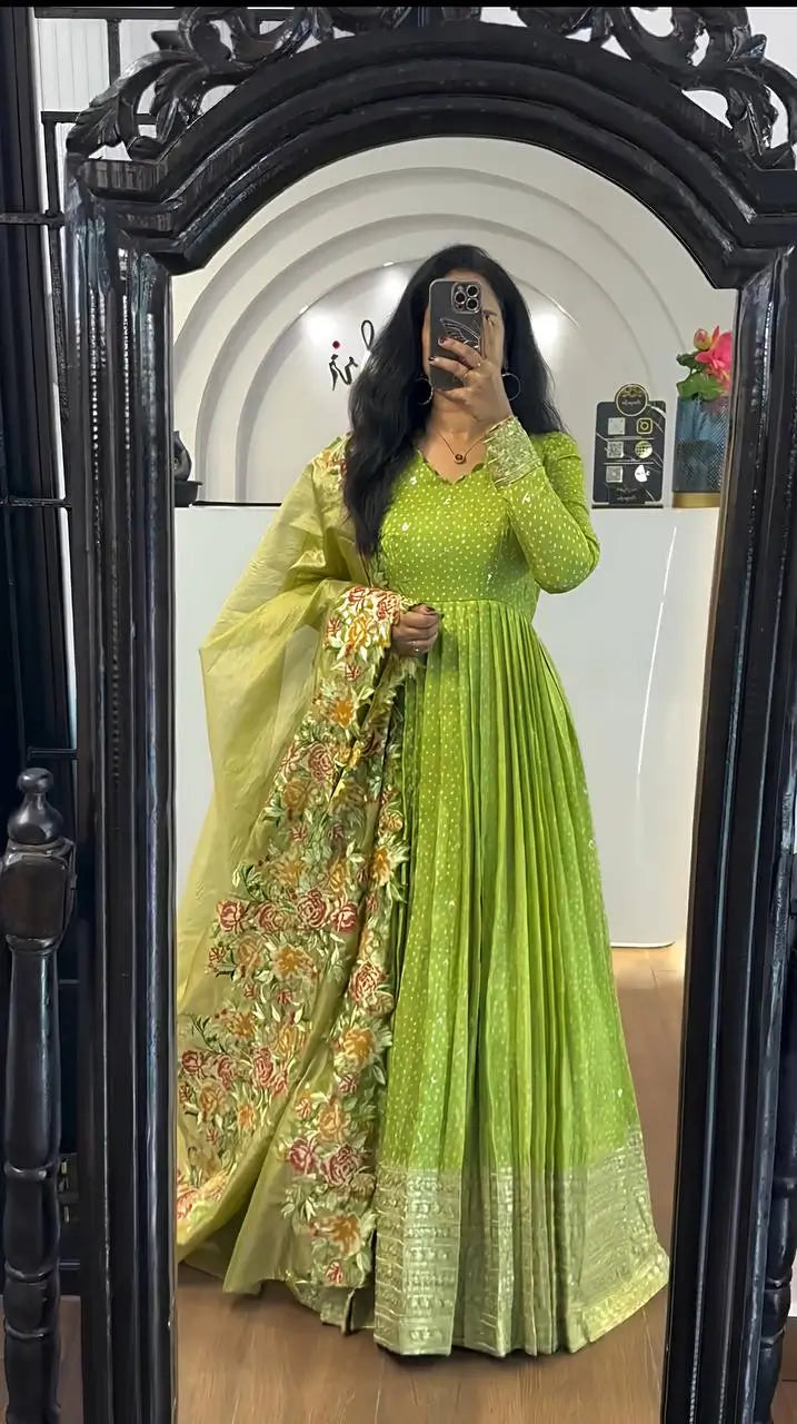 Designer Chinon Silk Embroidered Gown Set