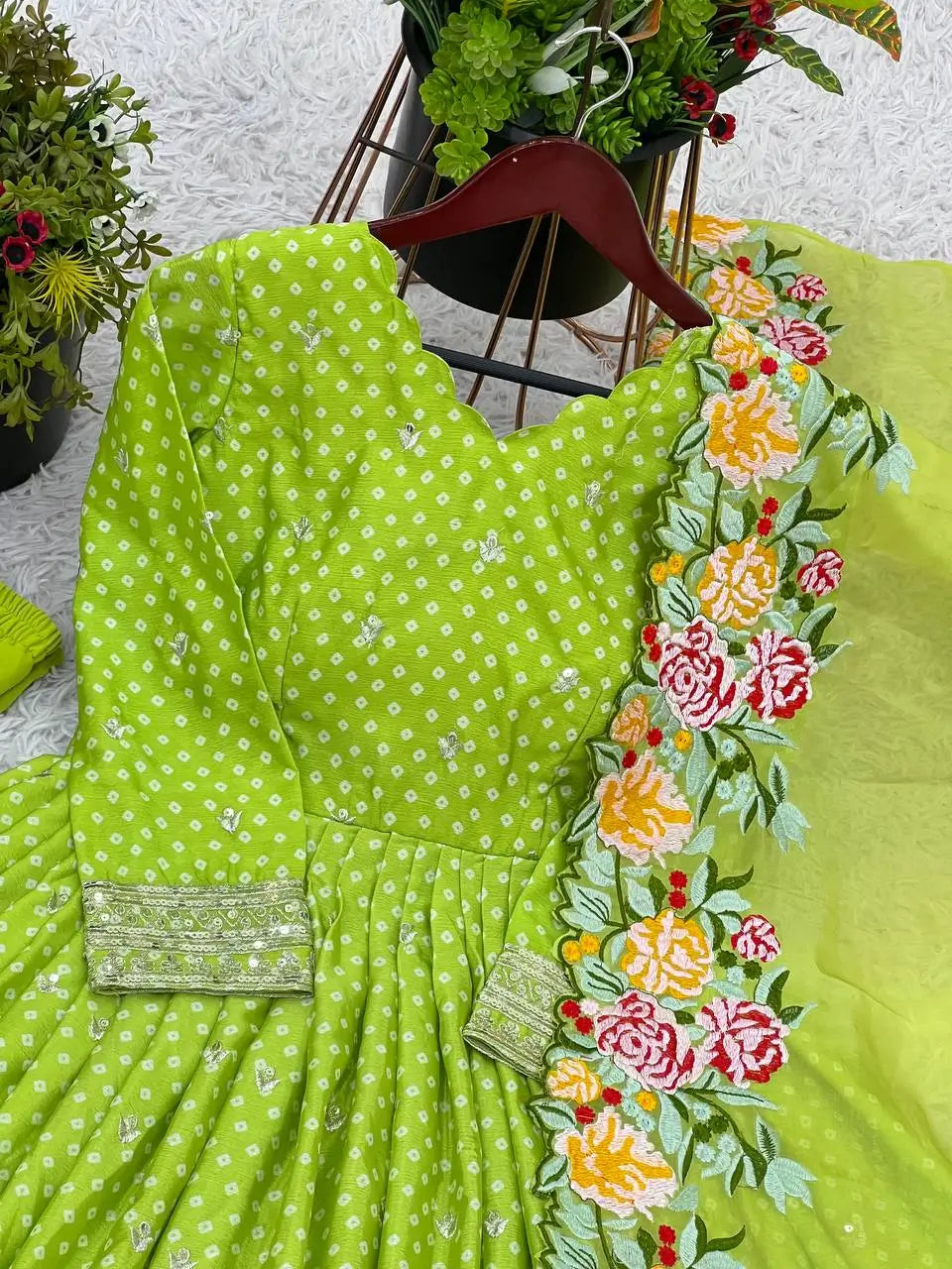 Designer Chinon Silk Embroidered Gown Set