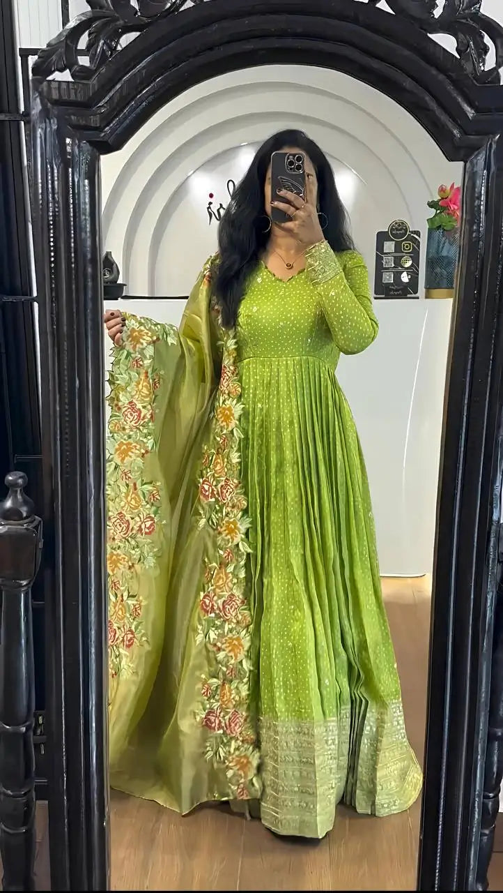 Designer Chinon Silk Embroidered Gown Set