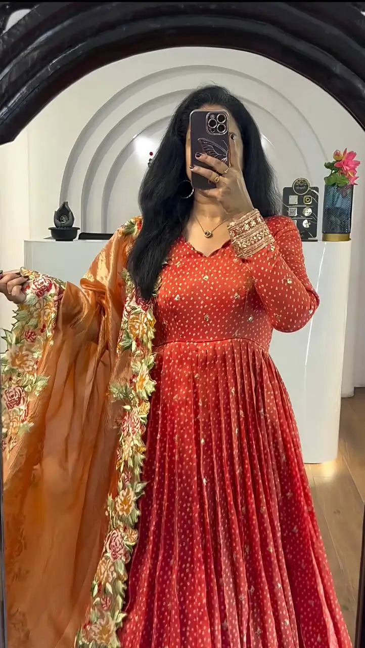 Designer Chinon Silk Embroidered Gown Set