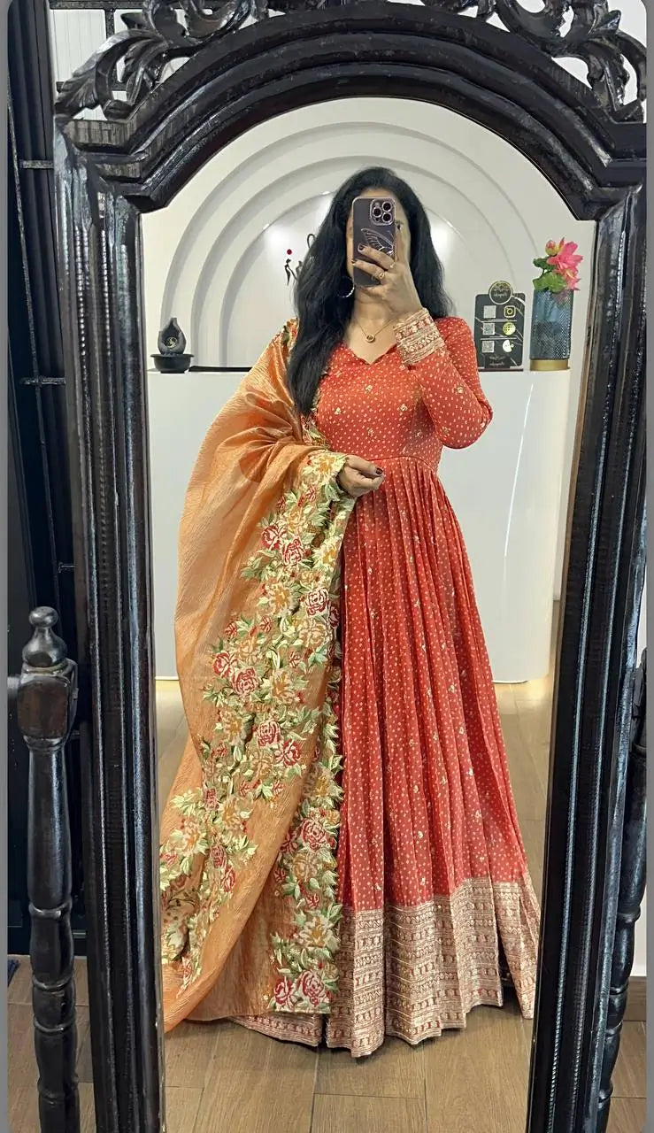 Designer Chinon Silk Embroidered Gown Set