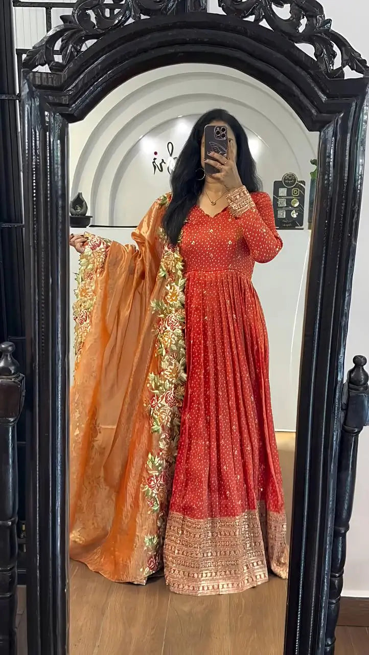 Designer Chinon Silk Embroidered Gown Set