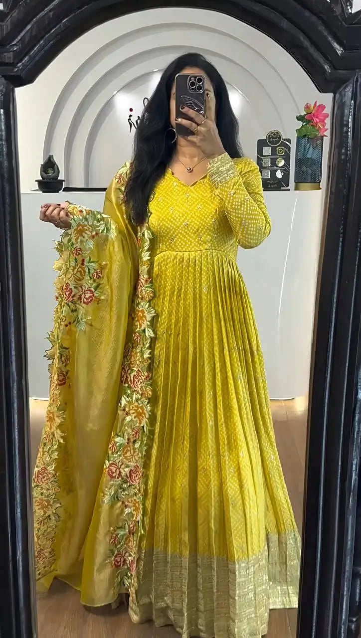 Designer Chinon Silk Embroidered Gown Set