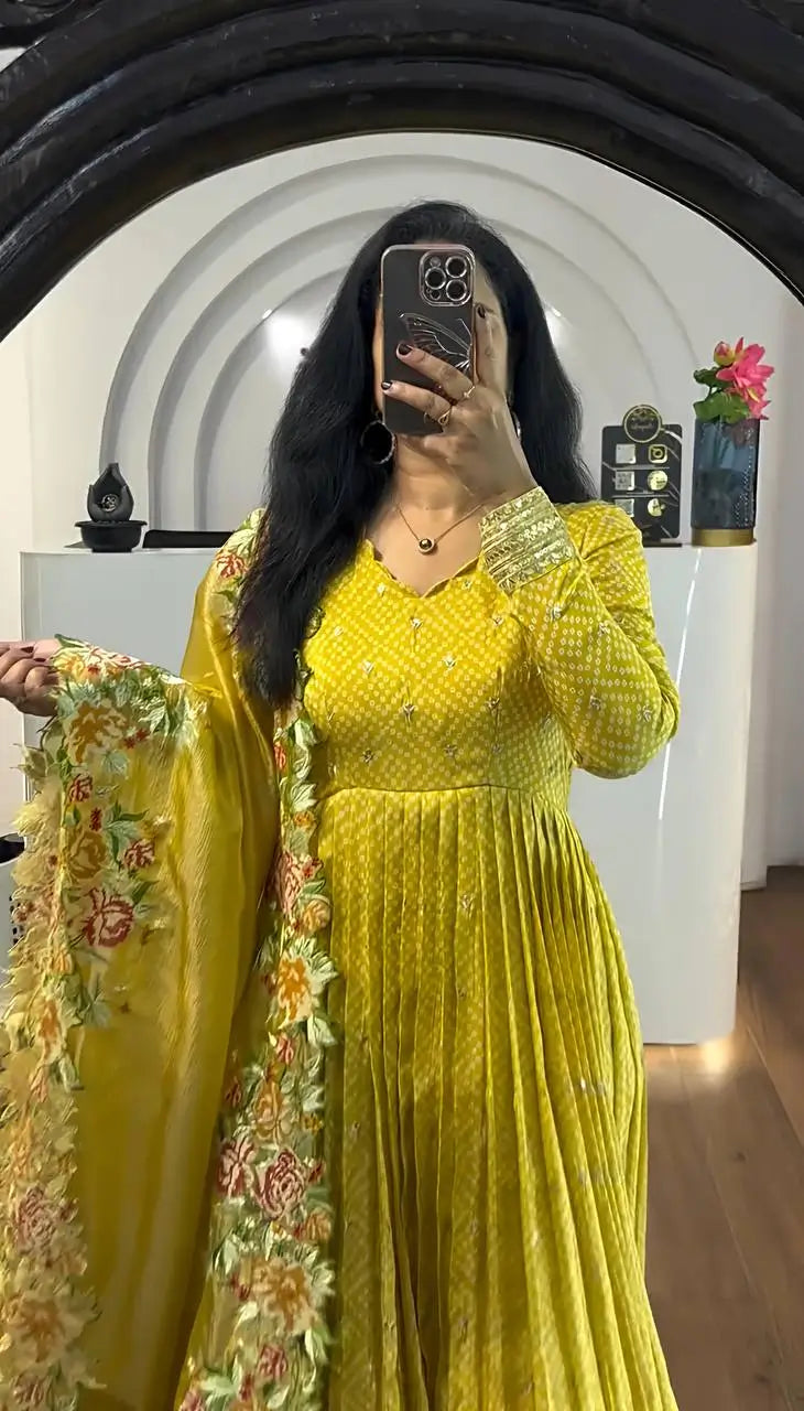 Designer Chinon Silk Embroidered Gown Set