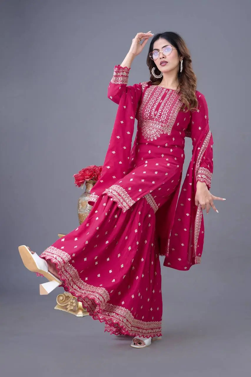 Designer Chinon Silk Embroidered Sharara Set