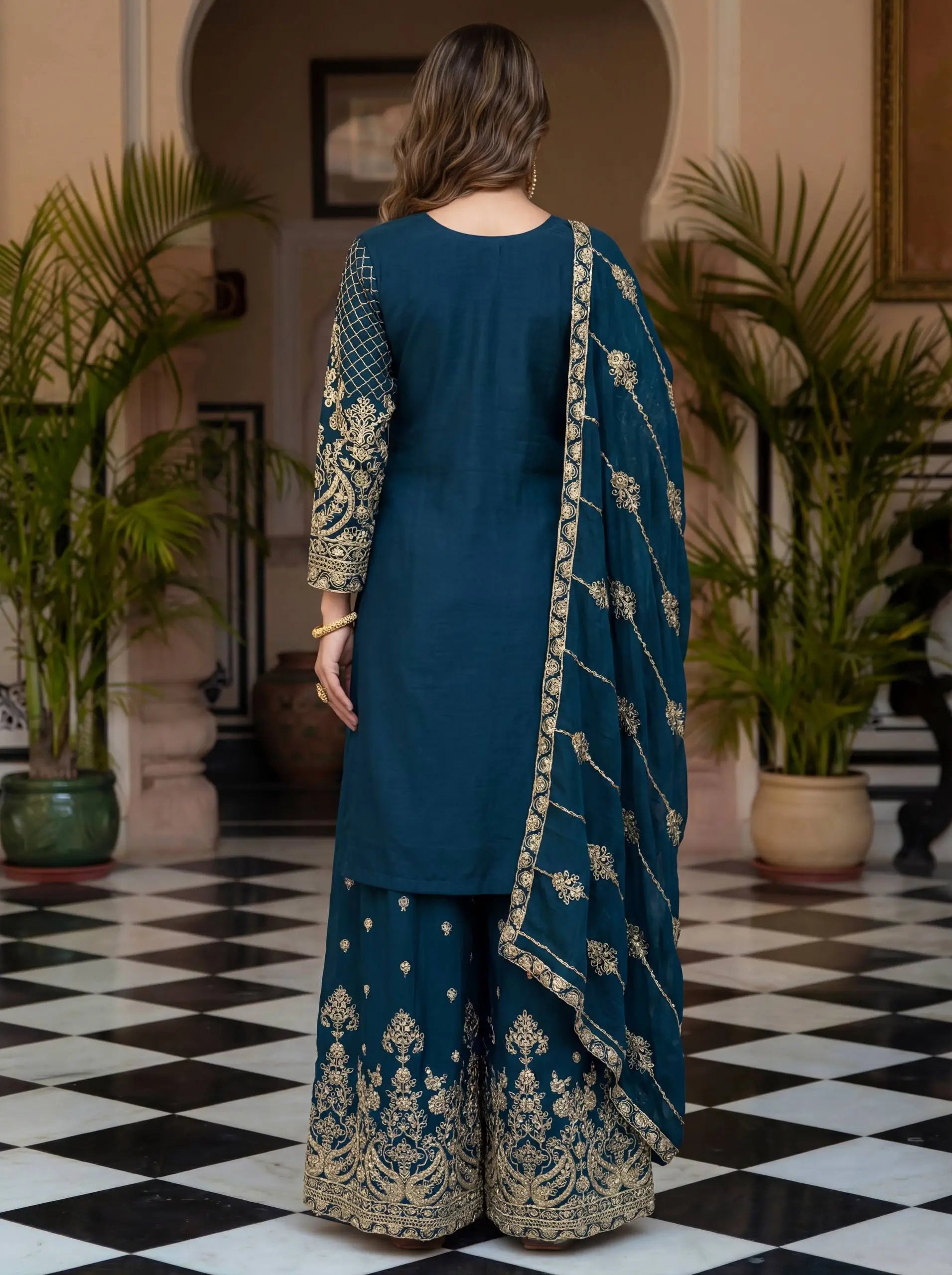 Designer Chinon Silk Embroidered Sharara Set