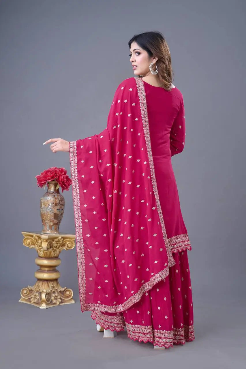 Designer Chinon Silk Embroidered Sharara Set