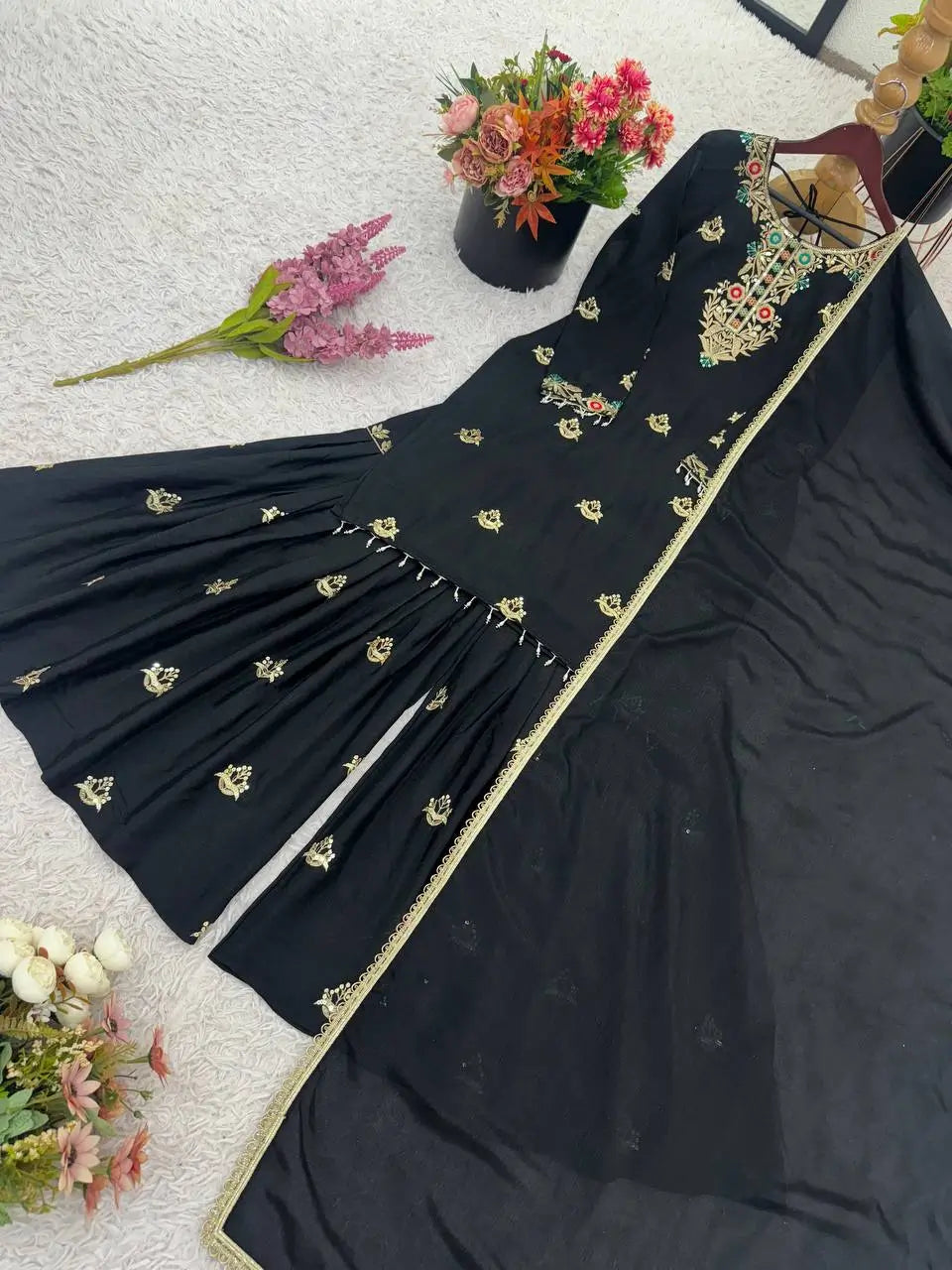 Designer Chinon Silk Embroidered Sharara Set