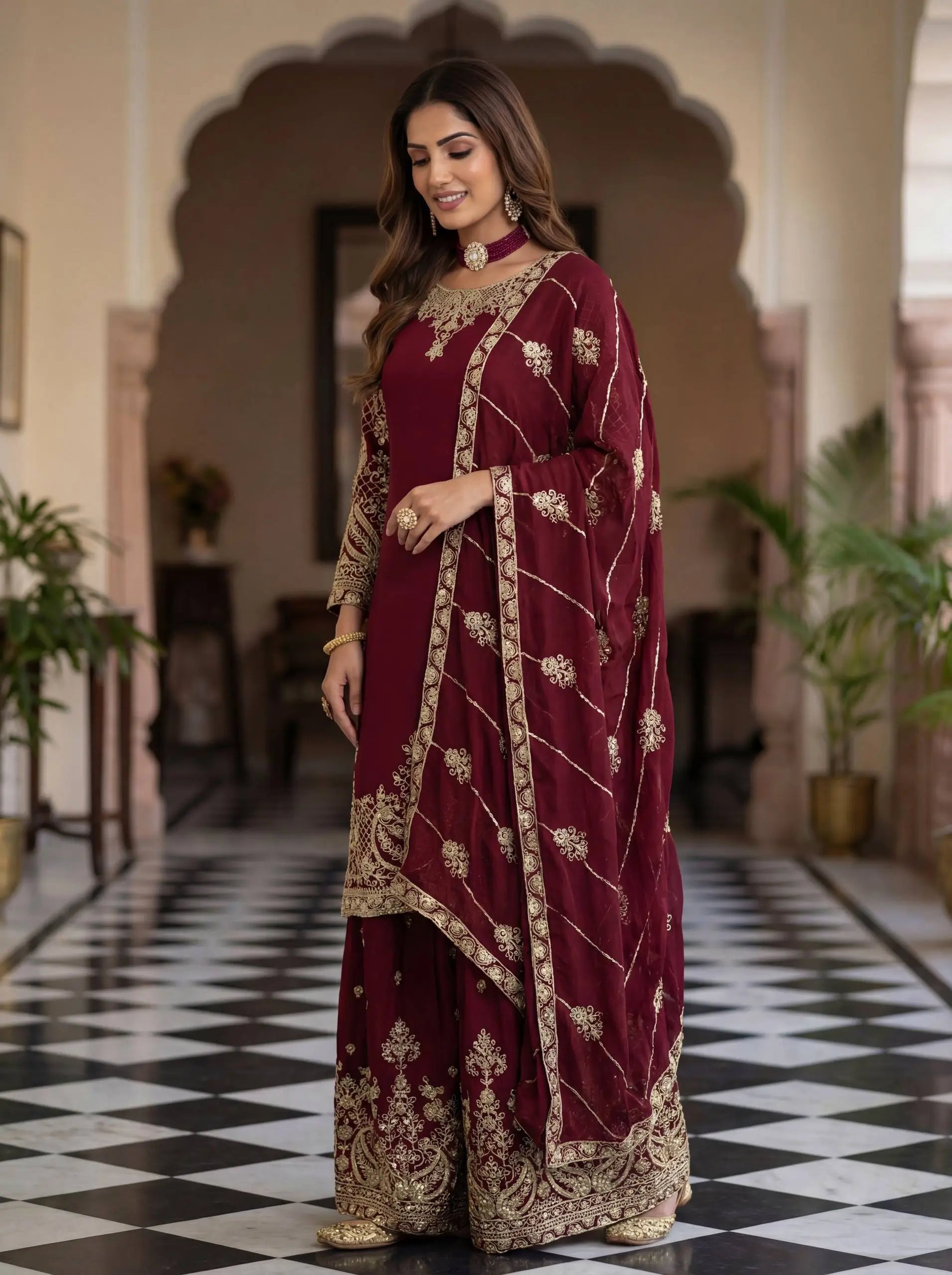Designer Chinon Silk Embroidered Sharara Set