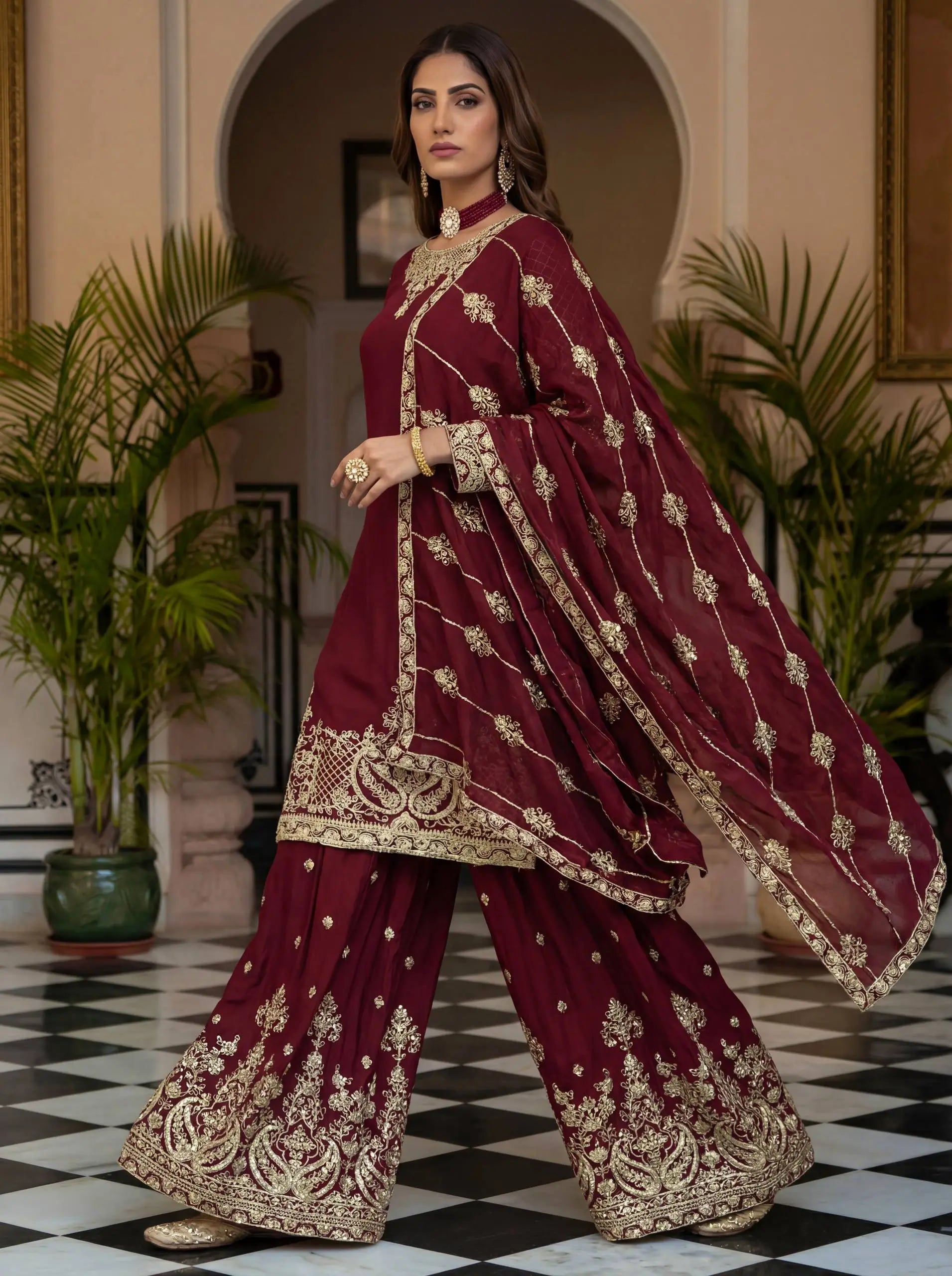 Designer Chinon Silk Embroidered Sharara Set