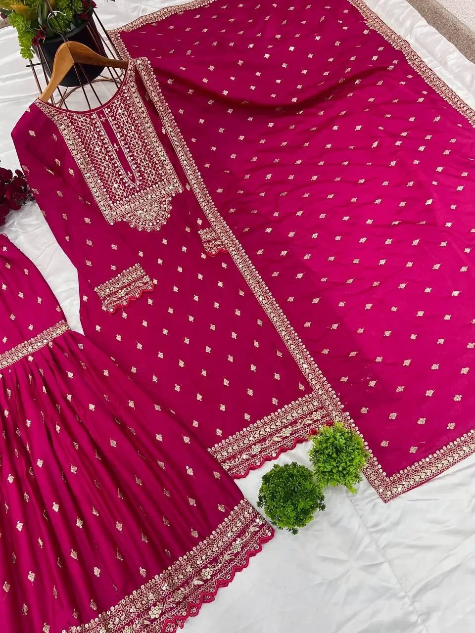 Designer Chinon Silk Embroidered Sharara Set