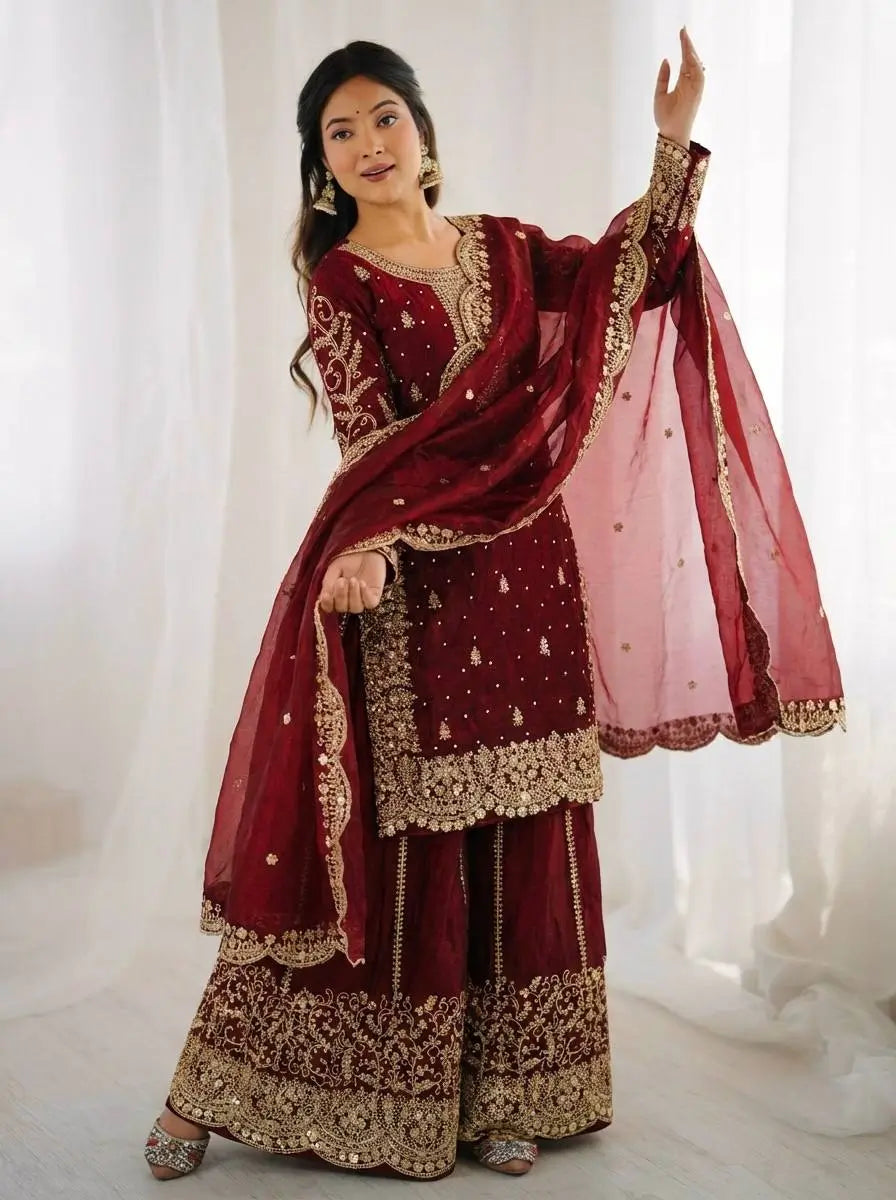 Designer Chinon Silk Embroidered Sharara Set