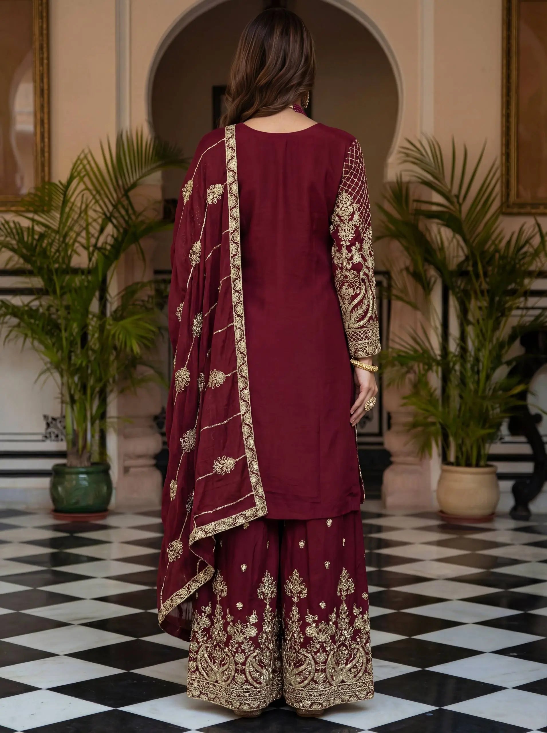 Designer Chinon Silk Embroidered Sharara Set