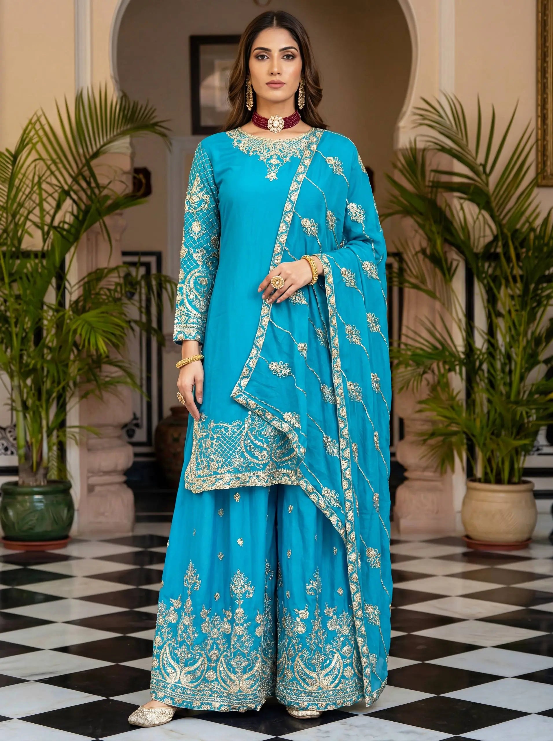 Designer Chinon Silk Embroidered Sharara Set