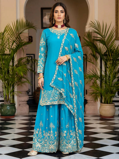 Designer Chinon Silk Embroidered Sharara Set