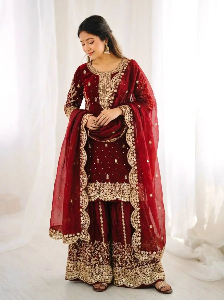 Designer Chinon Silk Embroidered Sharara Set