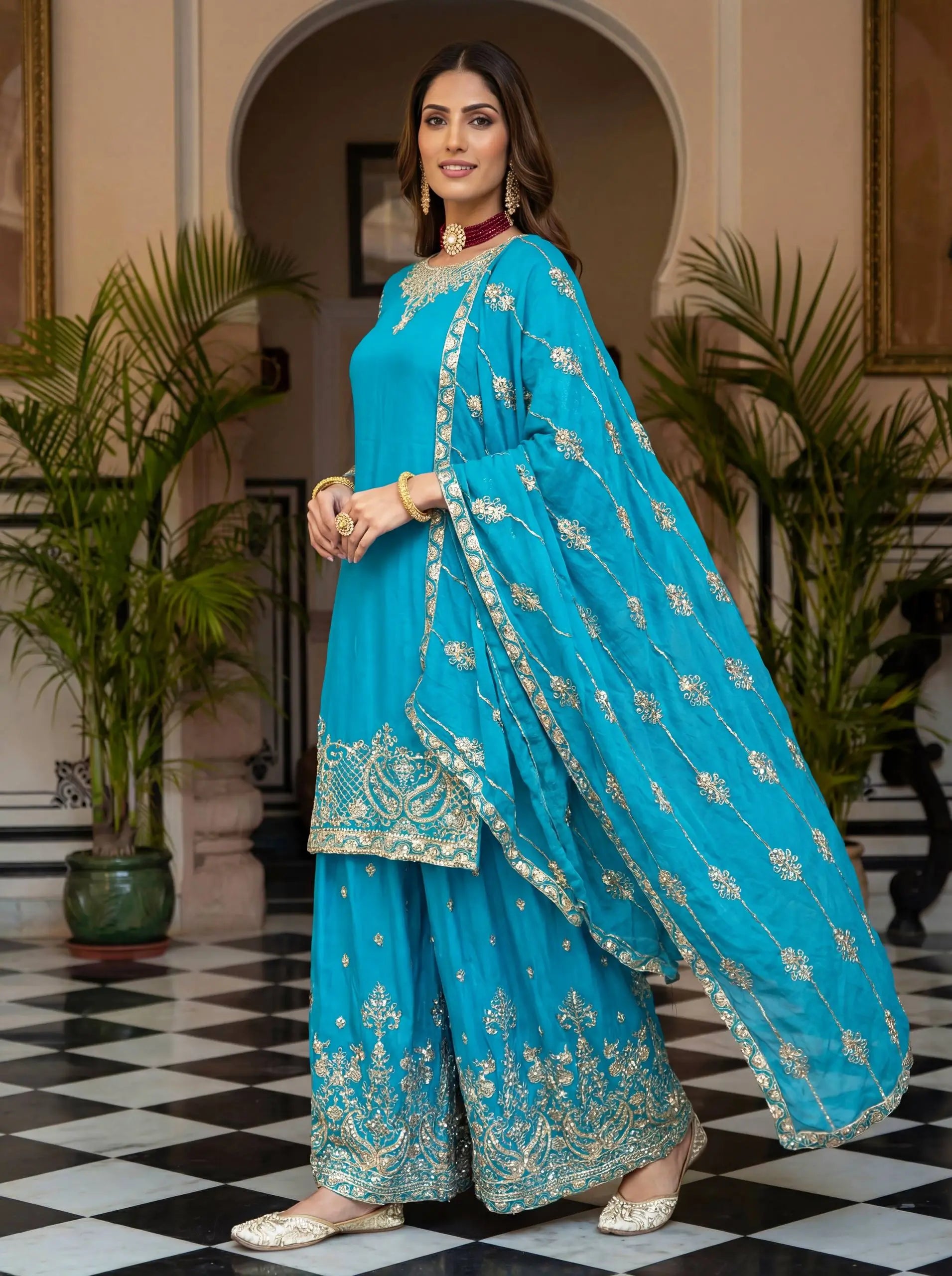 Designer Chinon Silk Embroidered Sharara Set