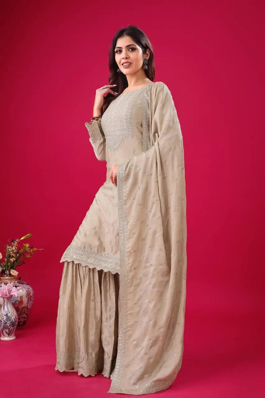 Designer Chinon Silk Embroidered Sharara Set