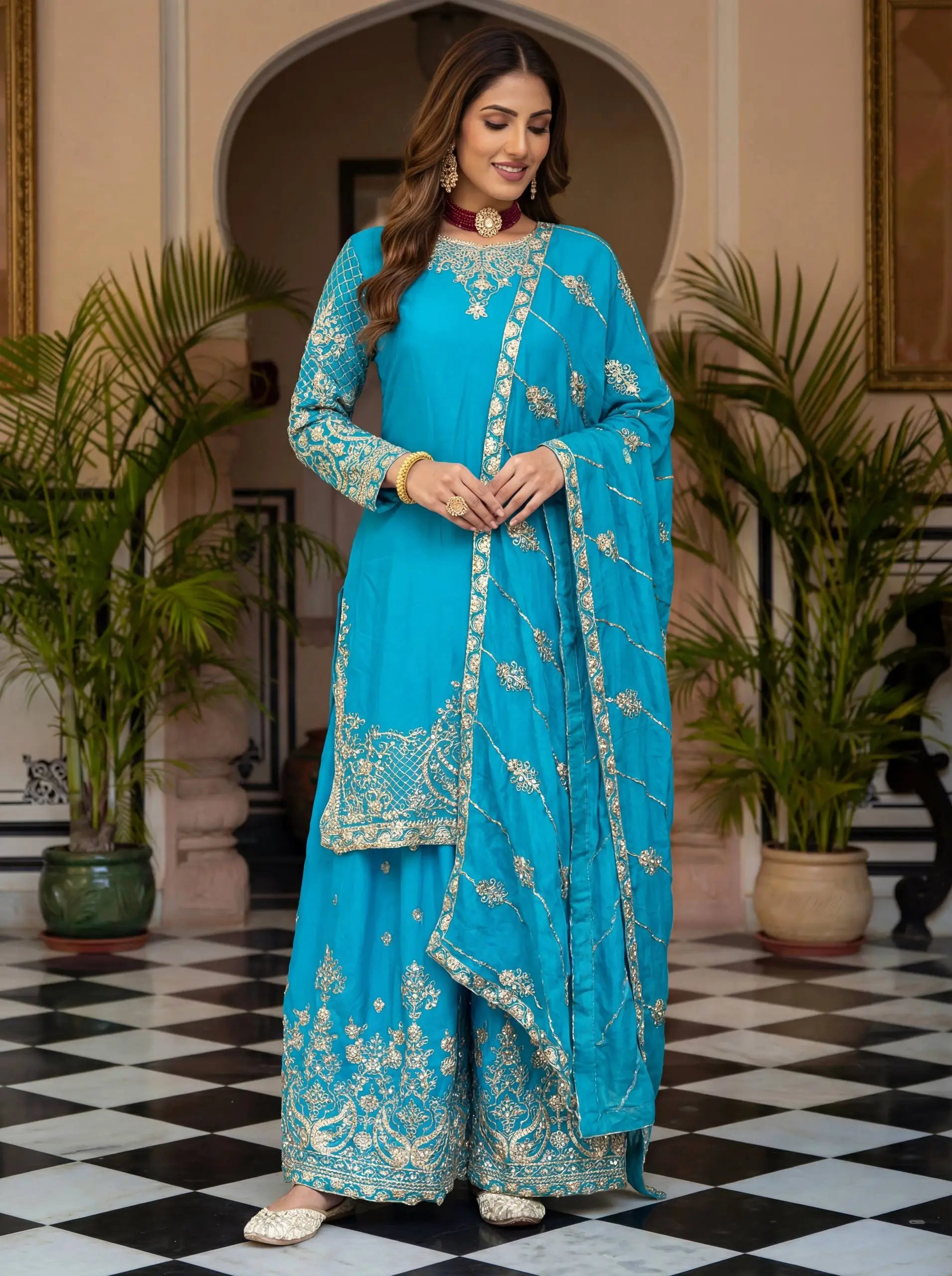 Designer Chinon Silk Embroidered Sharara Set
