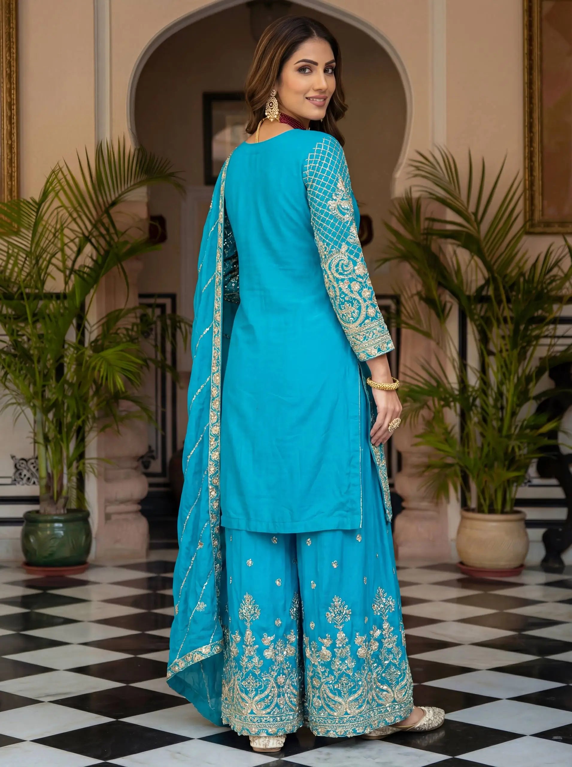 Designer Chinon Silk Embroidered Sharara Set