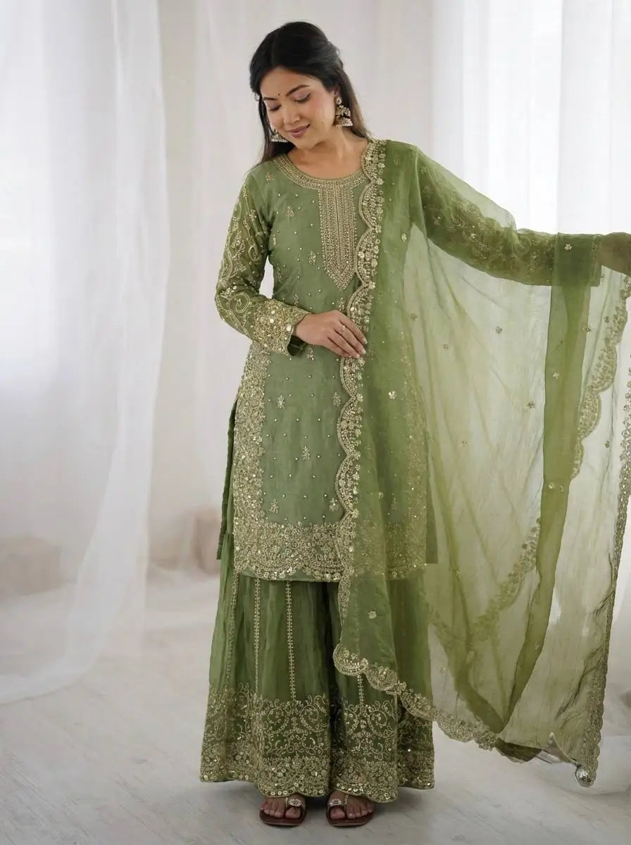 Designer Chinon Silk Embroidered Sharara Set