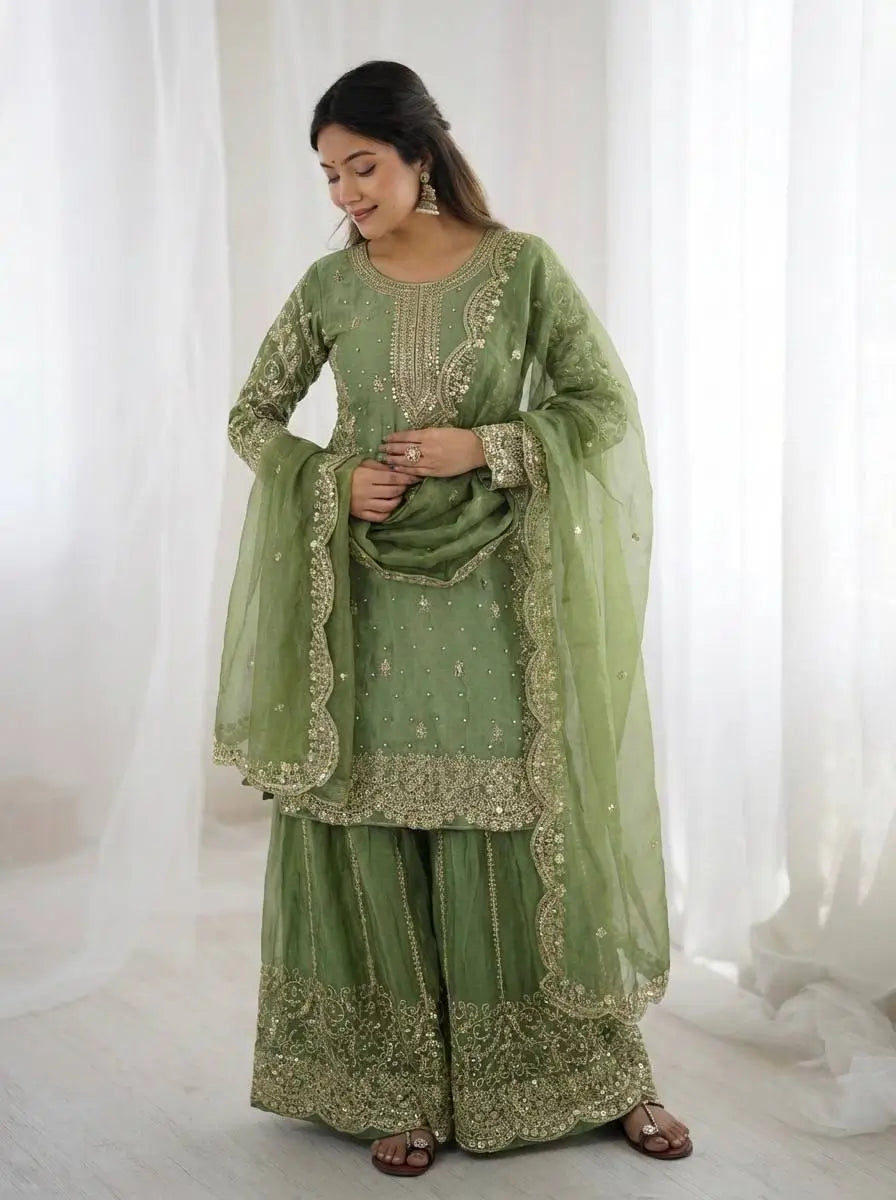 Designer Chinon Silk Embroidered Sharara Set