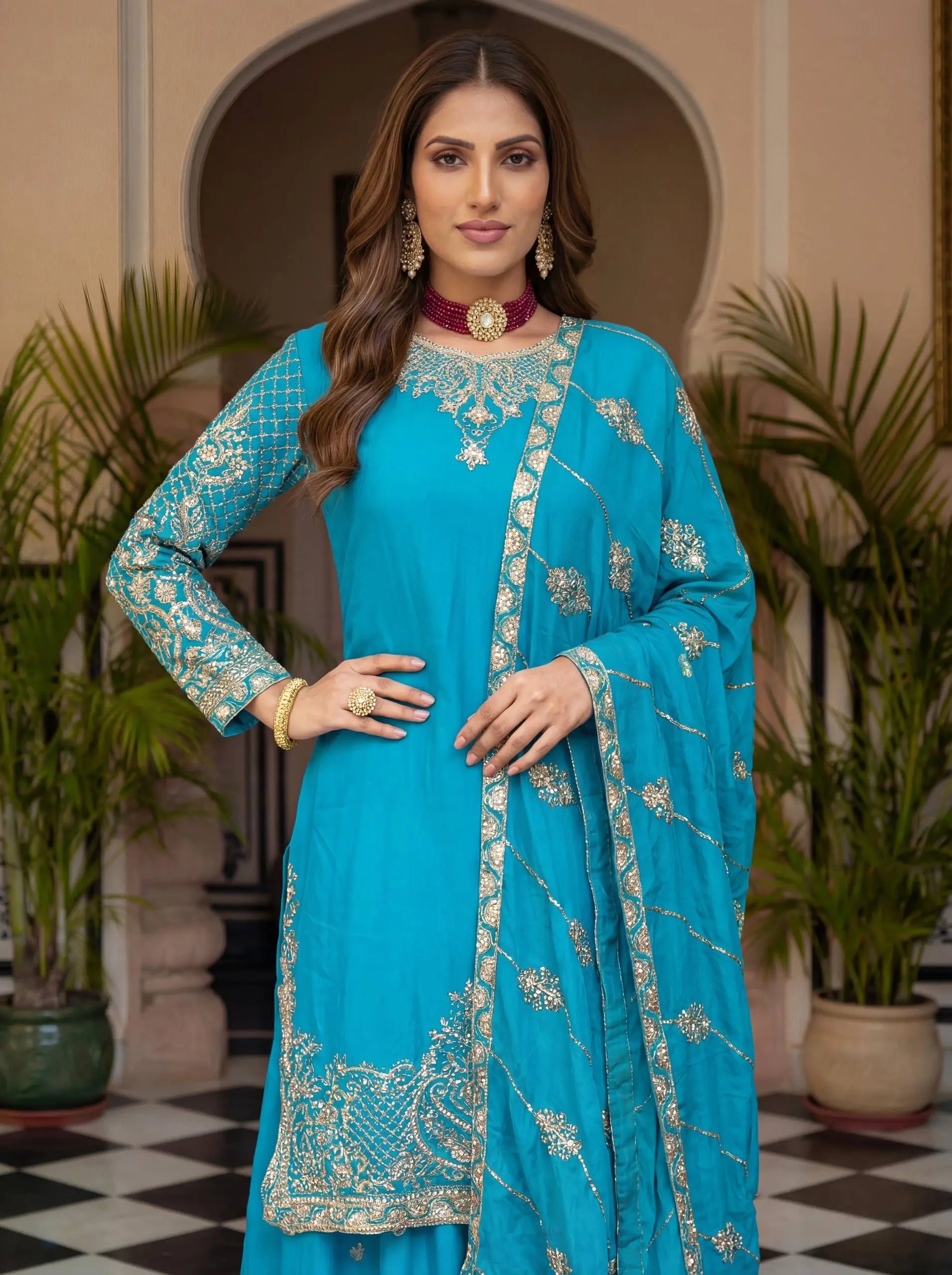 Designer Chinon Silk Embroidered Sharara Set