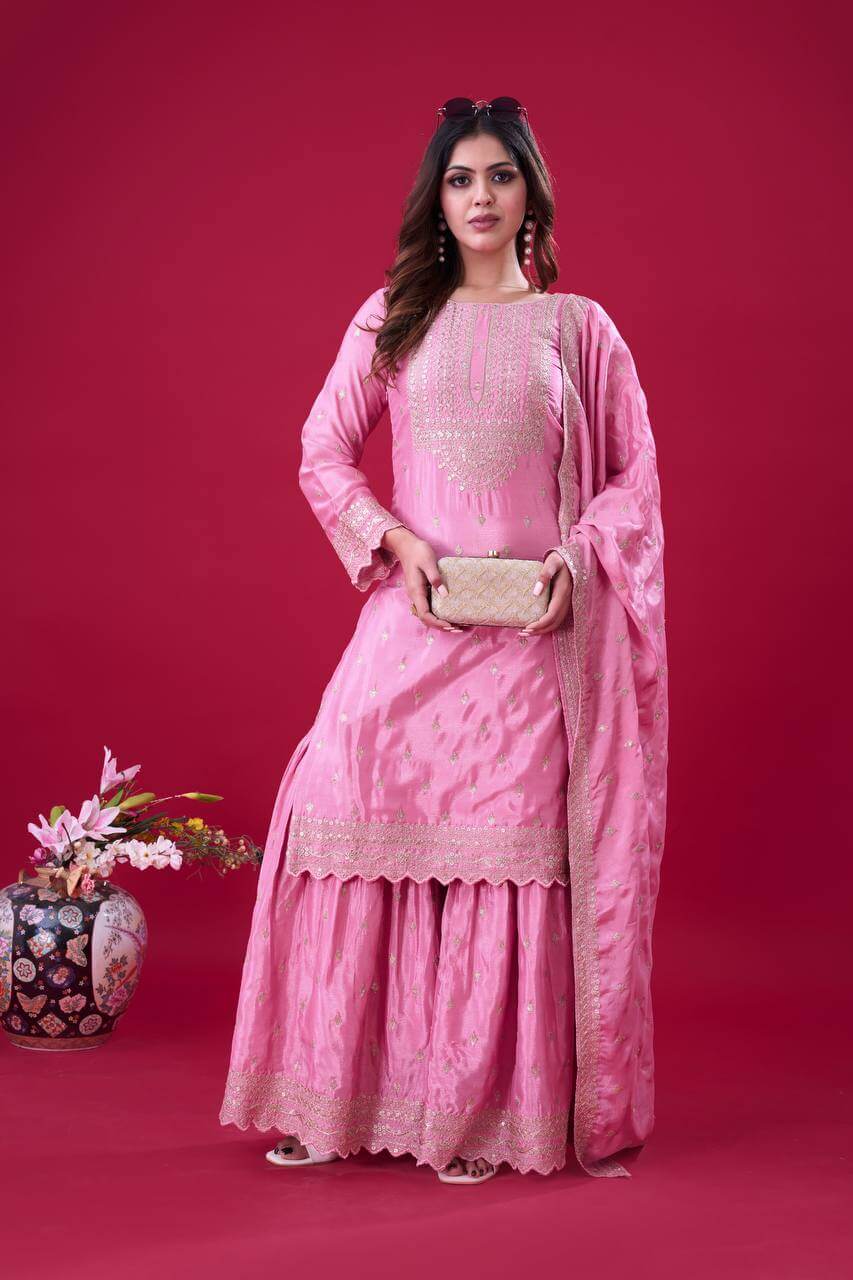 Designer Chinon Silk Embroidered Sharara Set