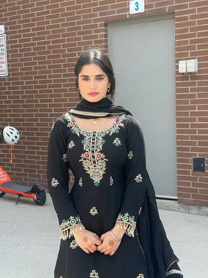 Designer Chinon Silk Embroidered Sharara Set