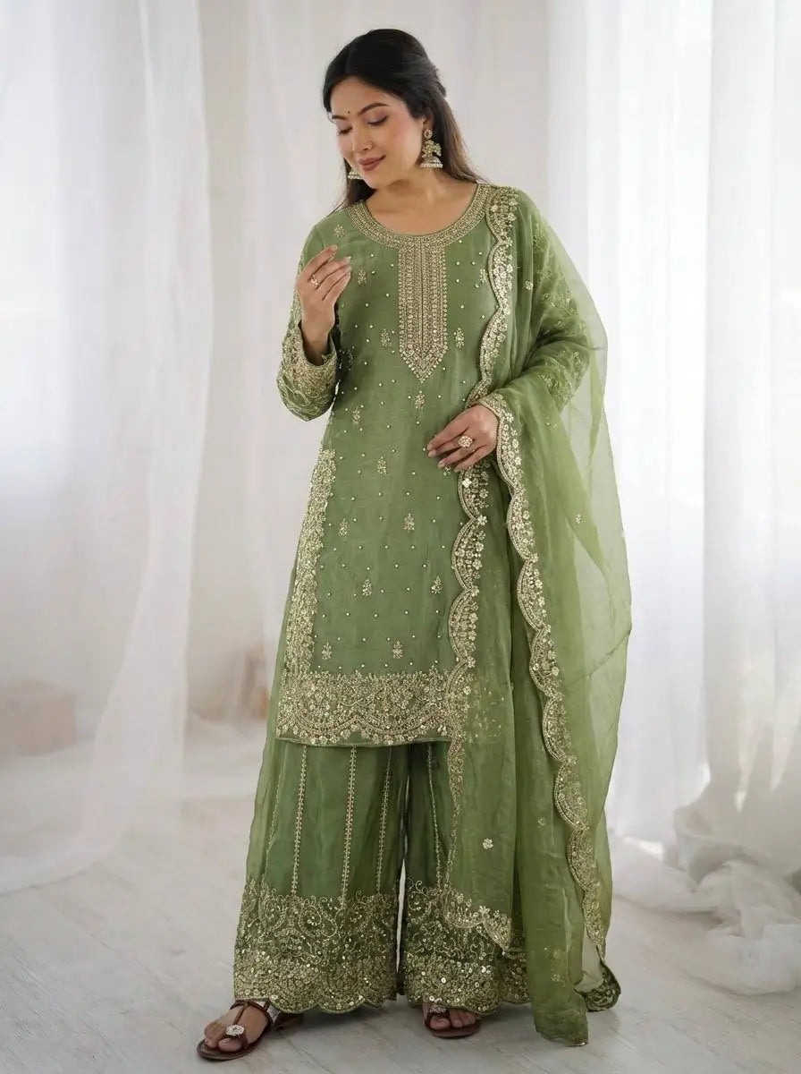 Designer Chinon Silk Embroidered Sharara Set