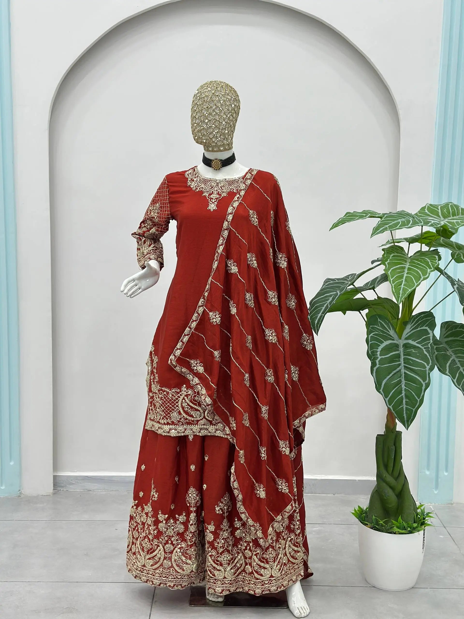 Designer Chinon Silk Embroidered Sharara Set