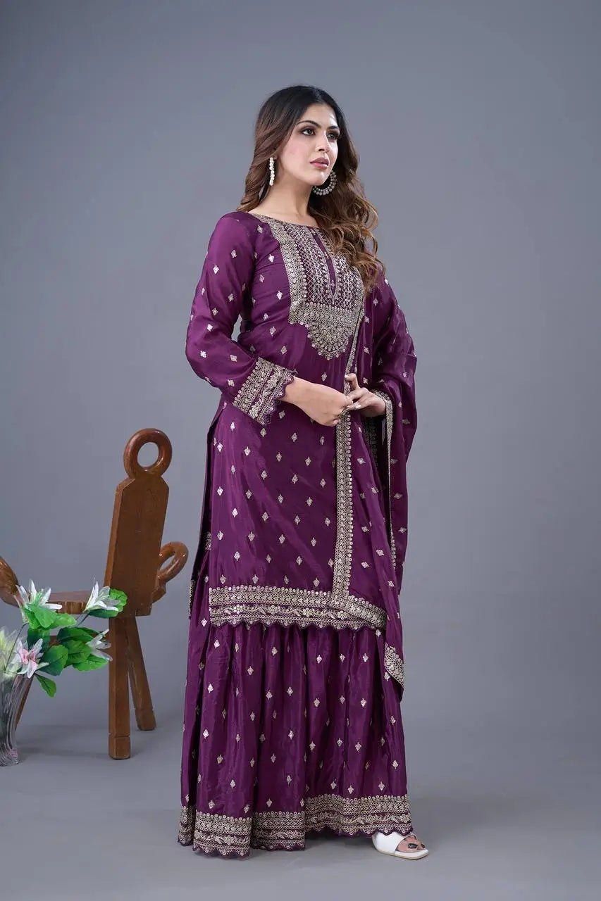 Designer Chinon Silk Embroidered Sharara Set